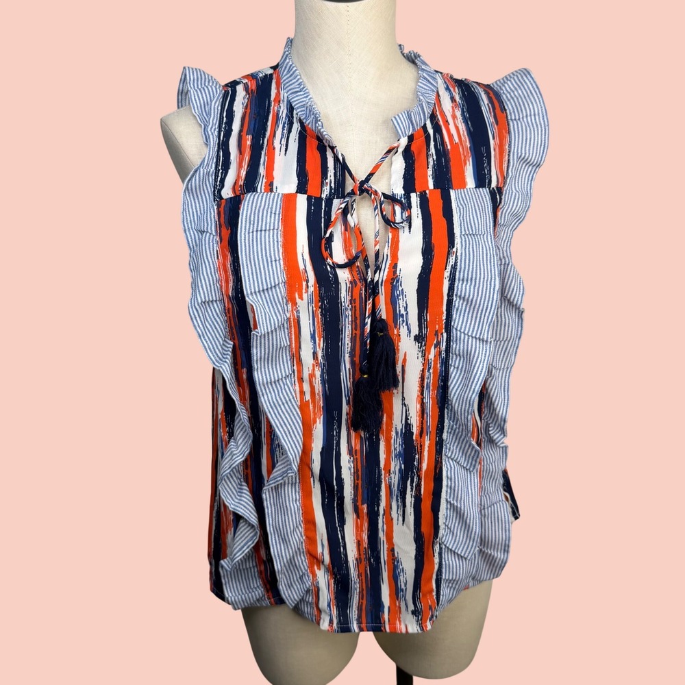 THML Womens Small Ruffle Tassel Sleeveless Blouse Orange Navy Stripe